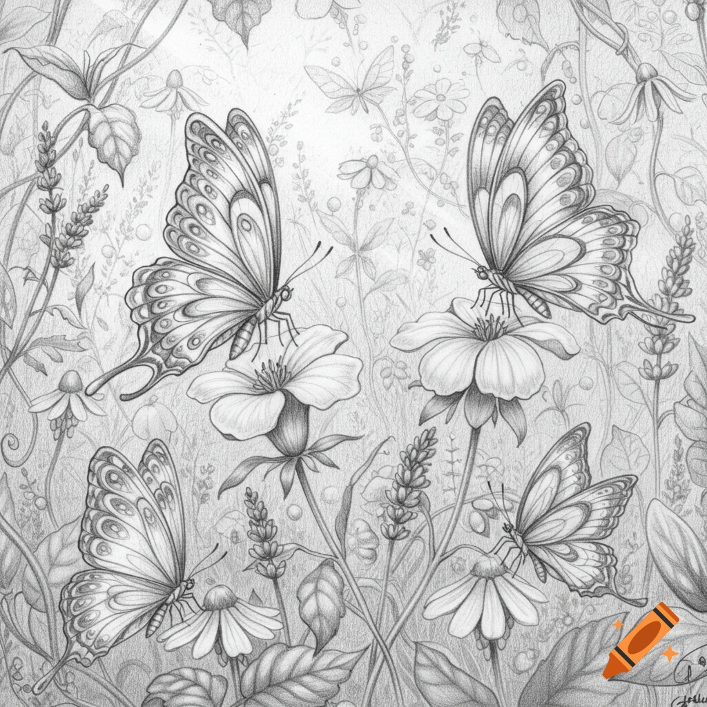 Detailed pencil drawing of several butterflies perched on various flowers and plants in a dense garden.