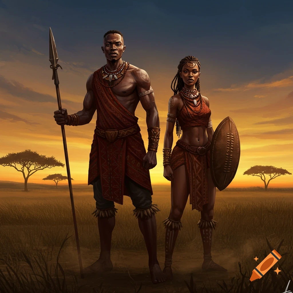 Male and female African warriors in traditional attire stand in a savanna at sunset, holding a spear and a shield.