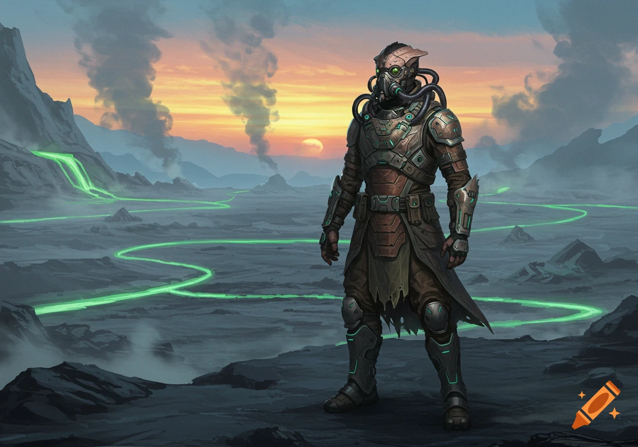 A futuristic armored figure in a gas mask stands on a desolate alien planet with glowing green rivers and smoke plumes under a sunset.