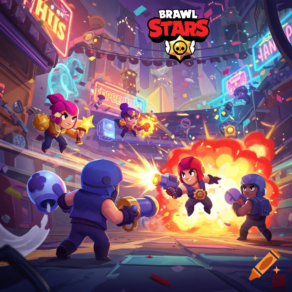 Cartoon characters in a vibrant city battling with weapons and explosions, confetti falling, and the 'Brawl Stars' logo visible.