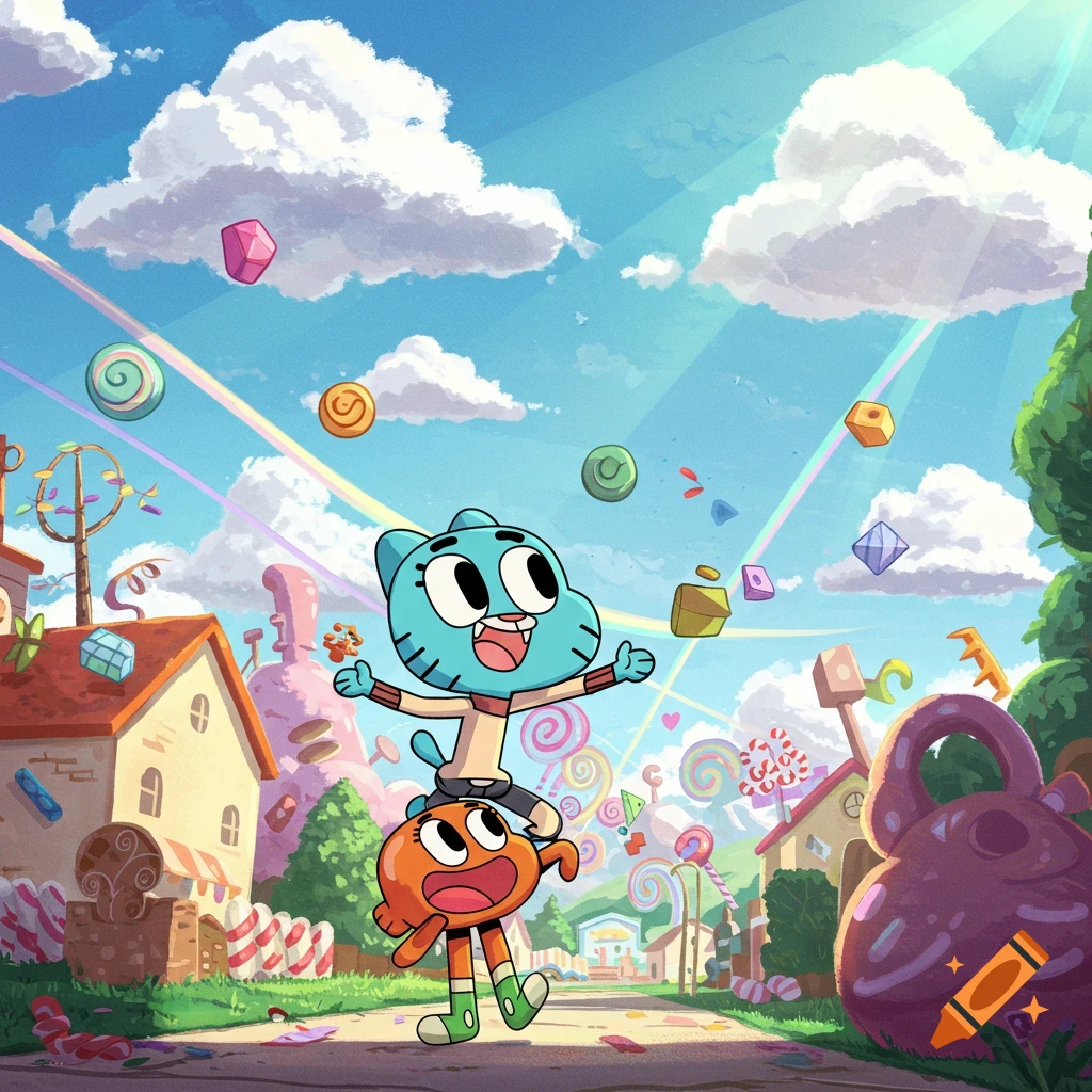 Gumball standing on Darwin's head, both smiling, in a vibrant, whimsical candy land with floating sweets and geometric shapes under a blue sky.