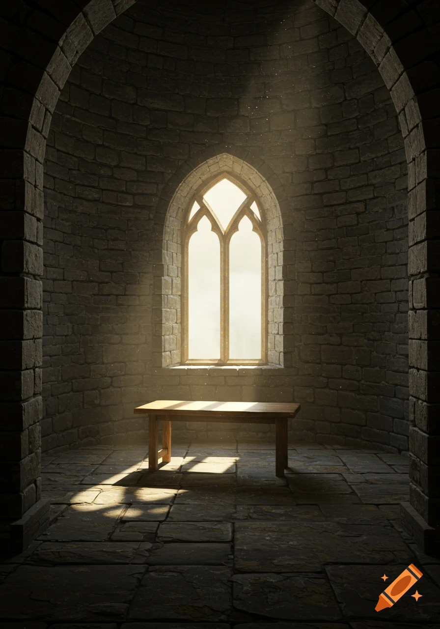 A stone room with a gothic arched window letting in bright light, illuminating dust particles and a simple wooden table.