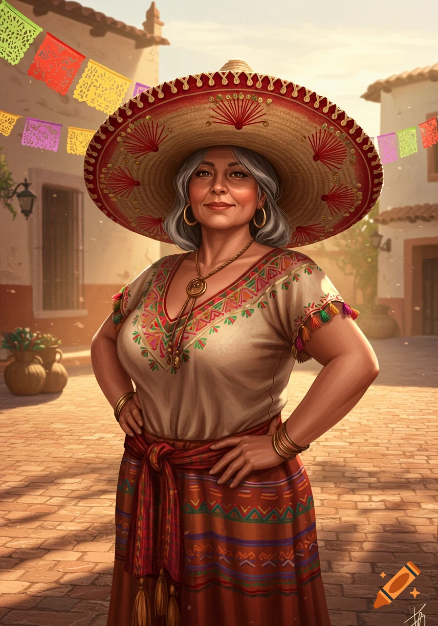 A smiling middle-aged woman in a large sombrero and traditional embroidered clothing stands with hands on hips on a sunny village street adorned with papel picado.