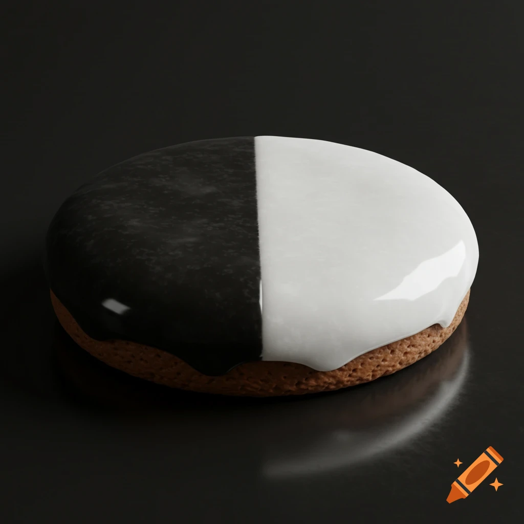 A single black and white cookie with glossy icing on a dark reflective surface.