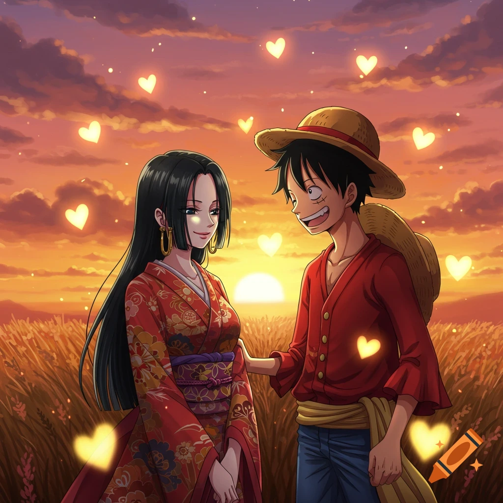 Anime illustration of Luffy and Hancock holding hands in a field at sunset with glowing hearts.