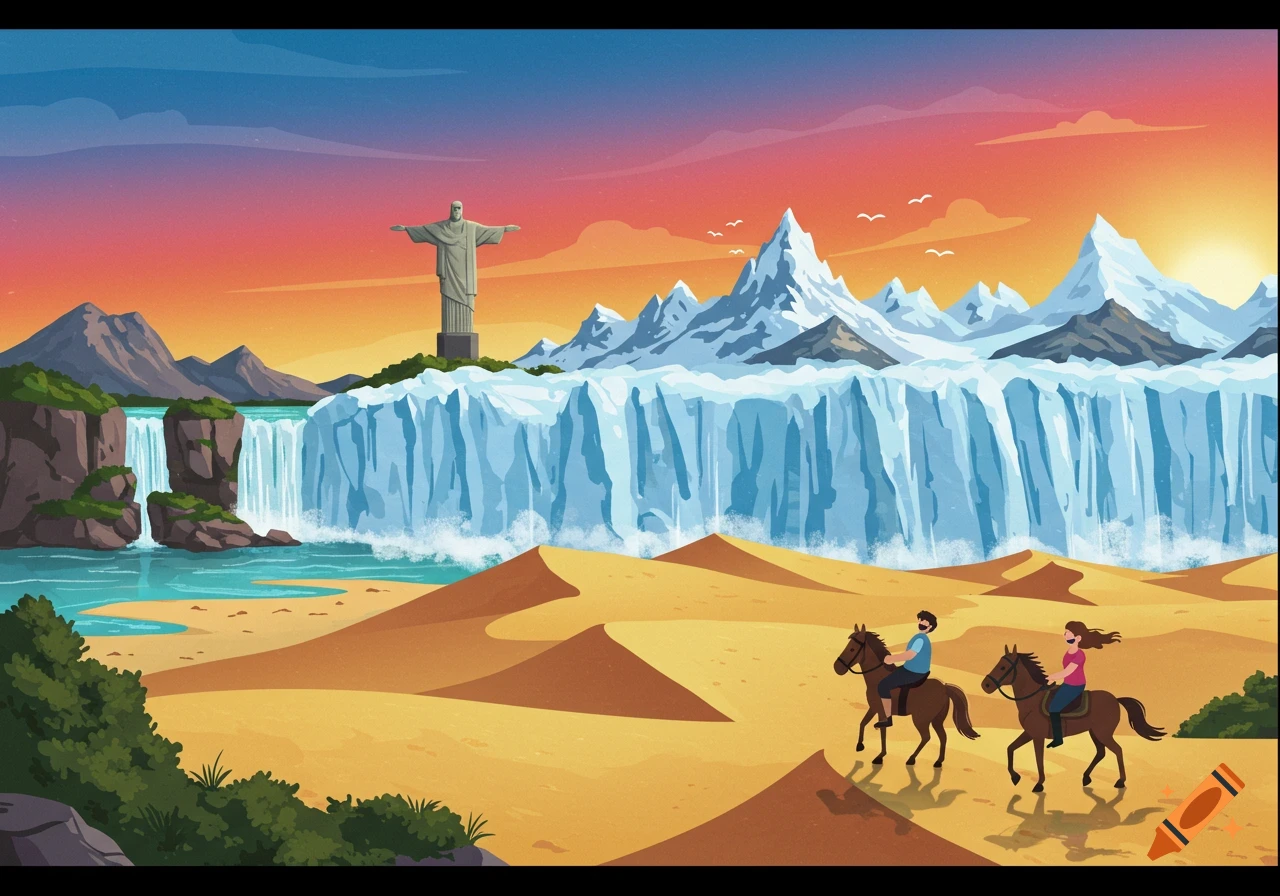 Cartoon landscape at sunset with Christ the Redeemer, glaciers, waterfalls, desert dunes, and a couple riding horses.