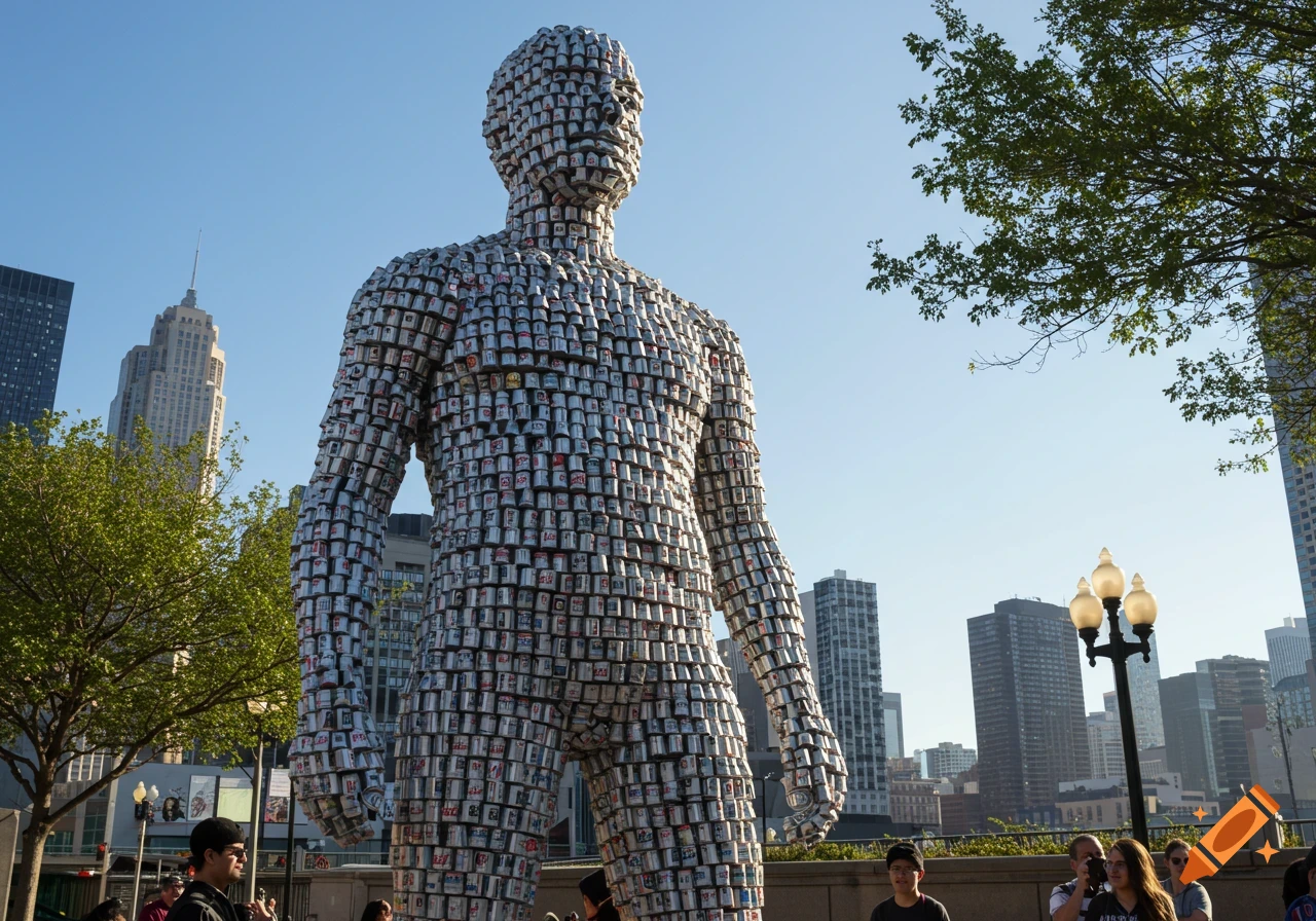 A massive, towering sculpture of a human figure made entirely of aluminum soda cans stands in a city square under a clear blue sky, with buildings and trees in the background.
