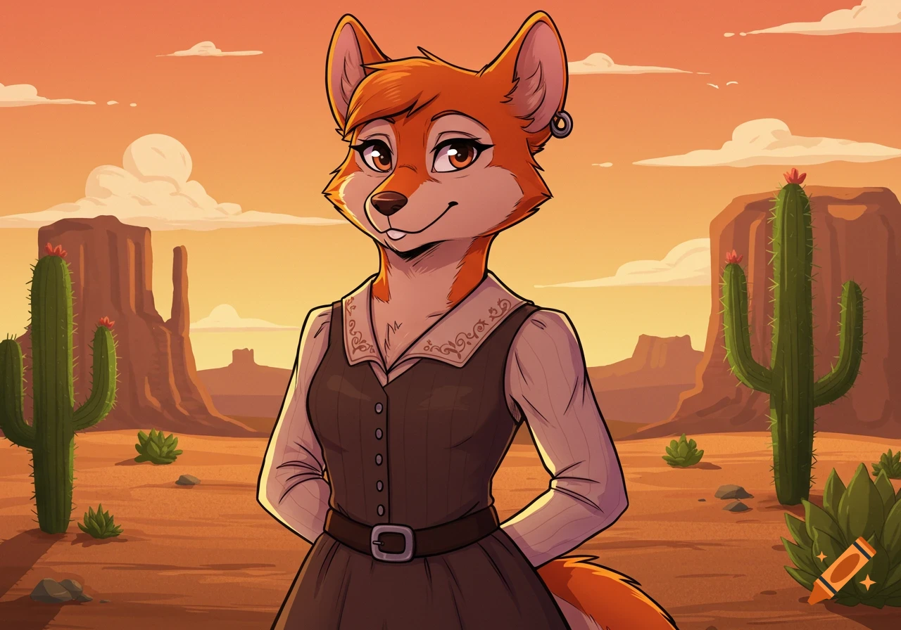 A cartoon anthropomorphic orange fox in a western dress stands smiling in a desert with cacti and mesas under an orange sky.