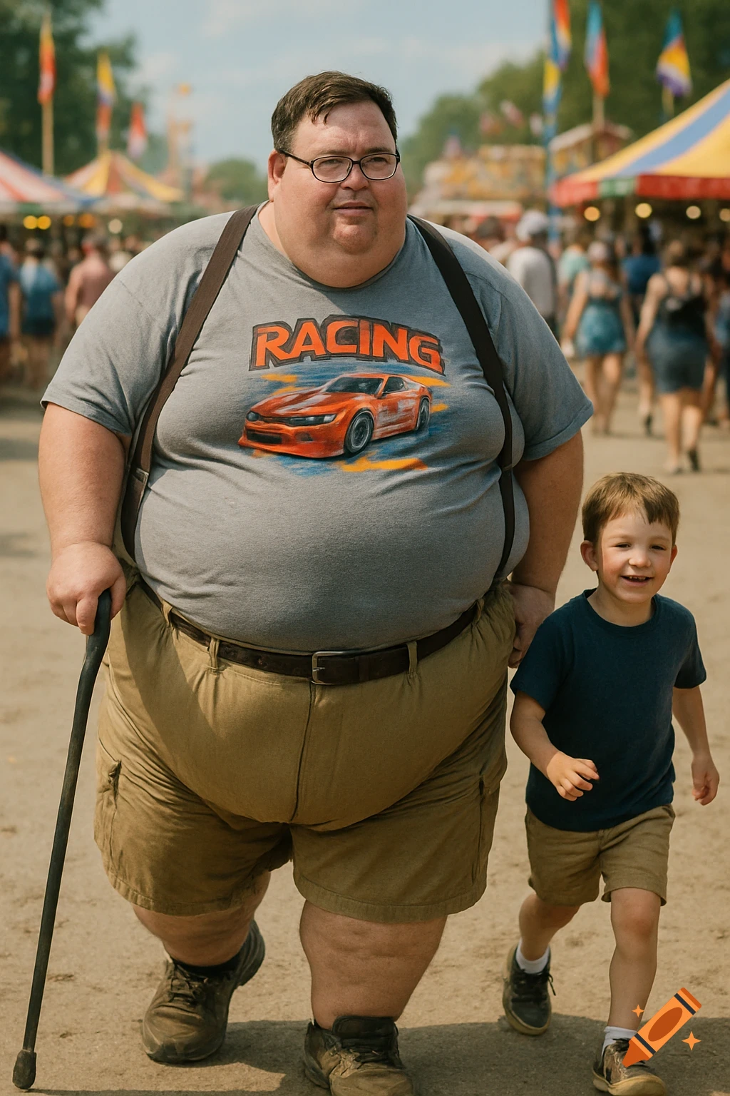 A photorealistic image of a very obese man with a cane and a young boy smiling as they walk at a lively county fair. The man wears a grey "RACING" t-shirt.