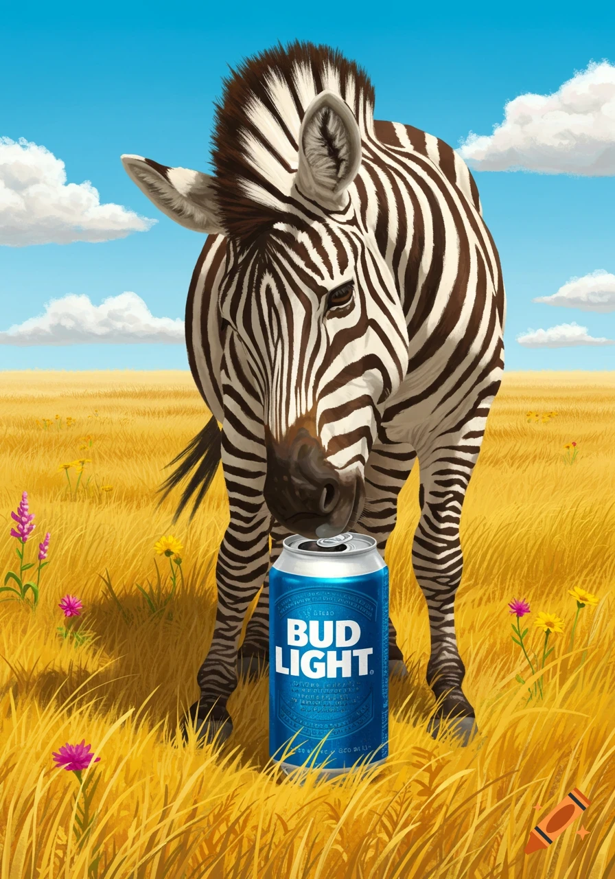 An illustrated zebra in a golden field leans over an open blue Bud Light can under a clear blue sky with white clouds.