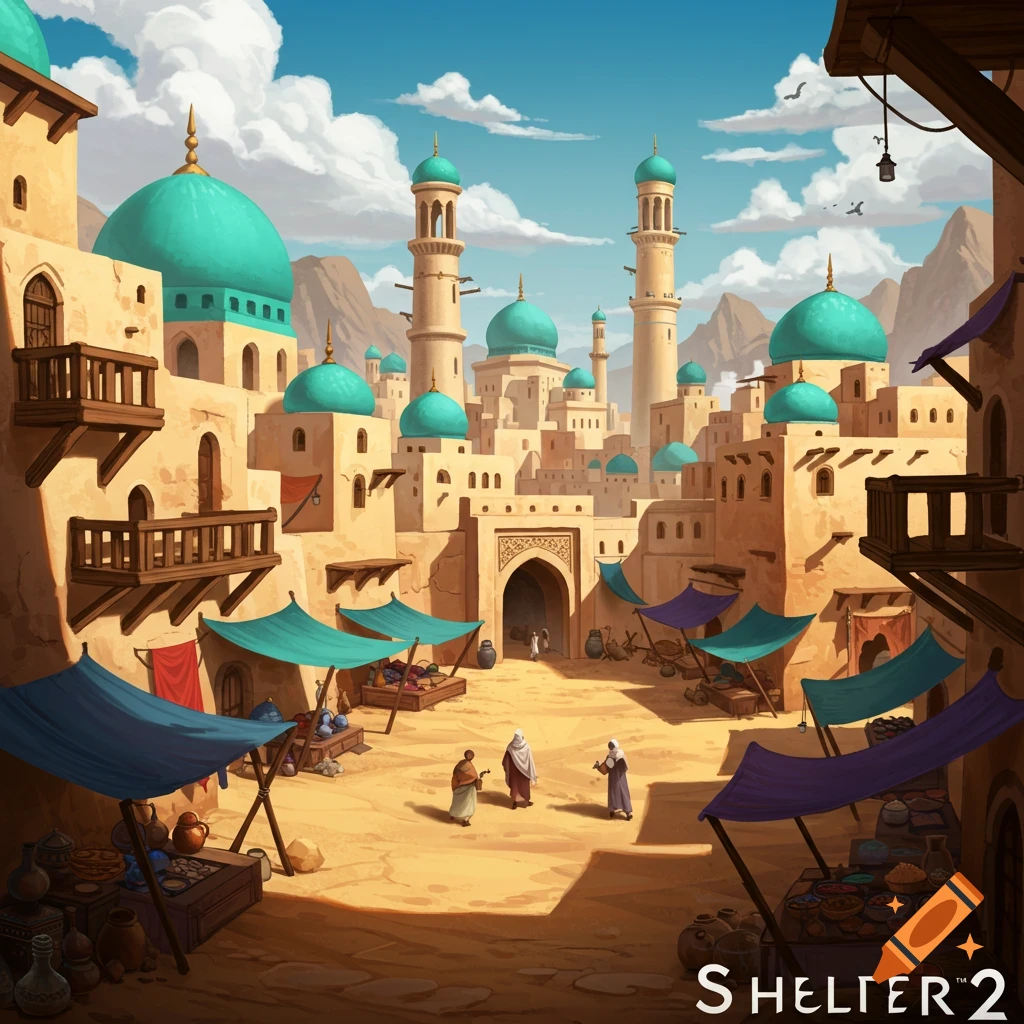 A vibrant desert fantasy city with Middle Eastern architecture, market stalls, and people in a bustling square.