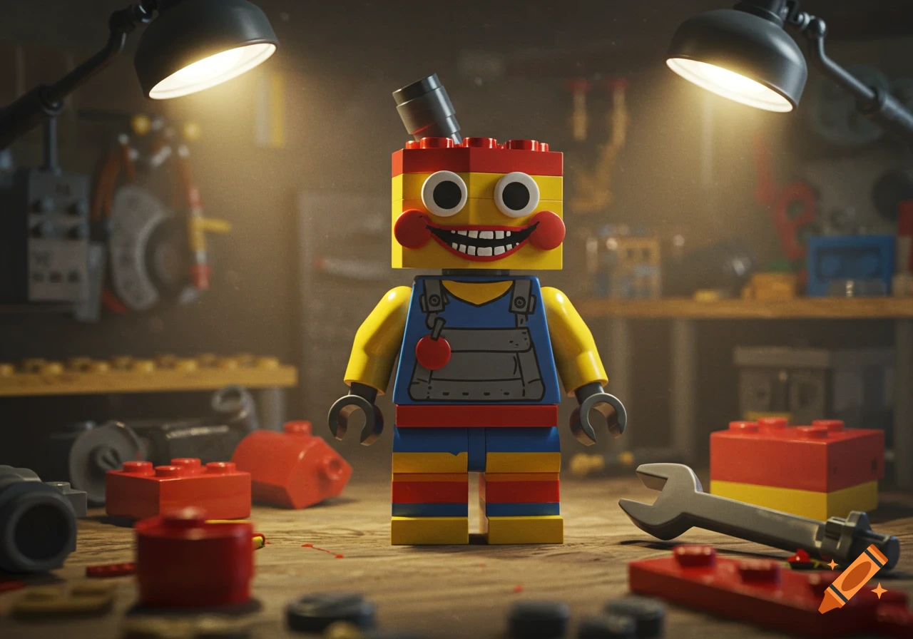 A photorealistic render of a yellow and red Lego figure resembling Toy Breaker, with a wide grin and blue overalls, standing in a dimly lit workshop.