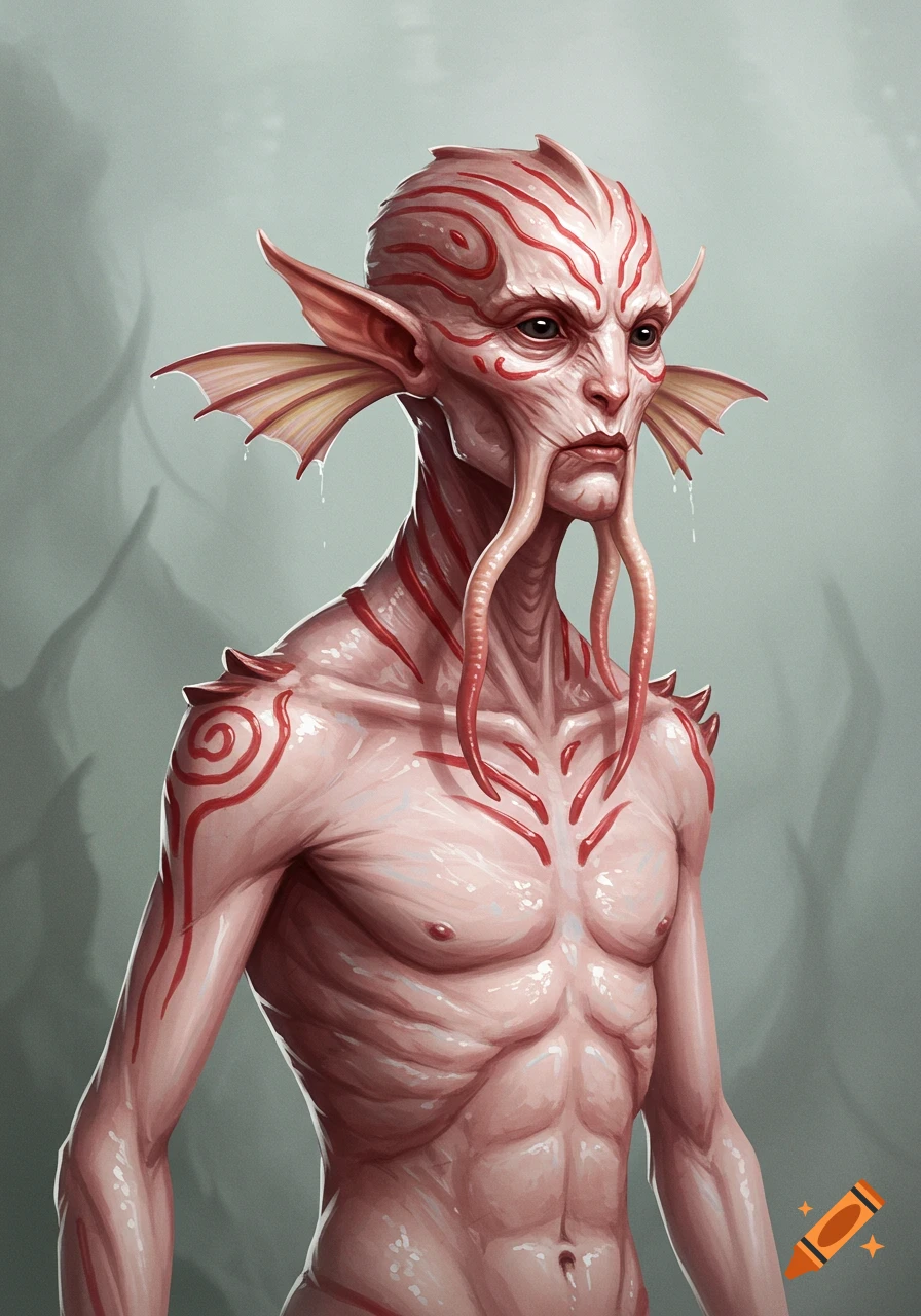 Detailed concept art portrait of a pale-skinned, lean humanoid fantasy creature with red ritual spiral patterns and ear-frills.