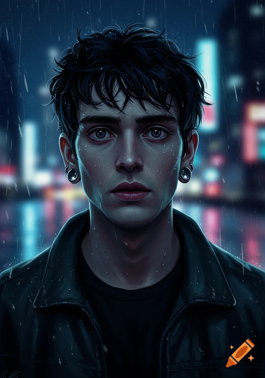 A moody digital illustration of an emo boy with short black hair and gauges, standing in the rain at night with blurred city lights in the background.