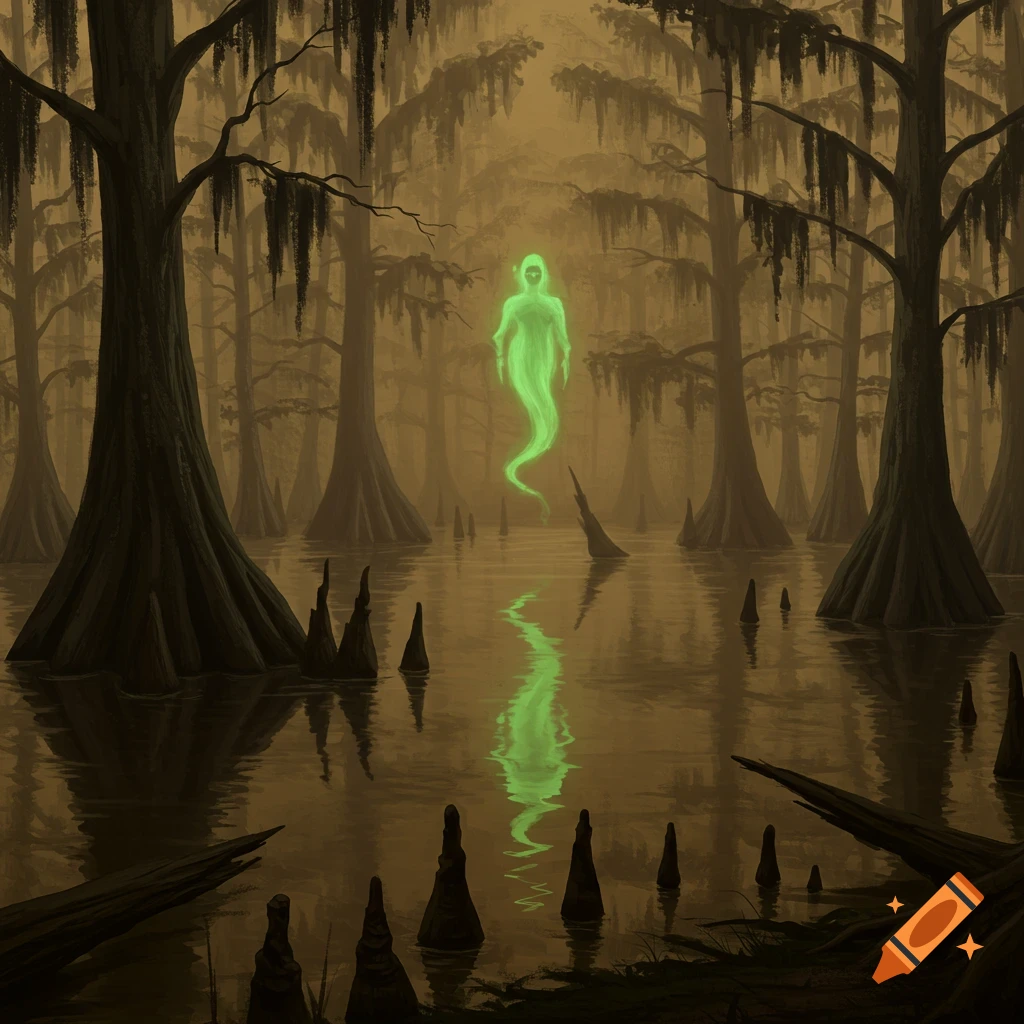 A glowing green ghost hovers over dark, misty swamp water with cypress trees and their reflections.