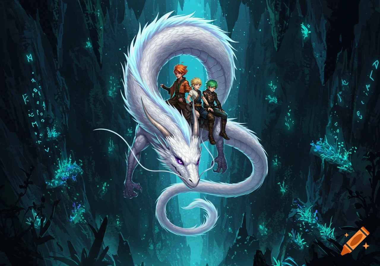 Three characters riding a white dragon through a magical, glowing chasm, in an anime-inspired fantasy art style.