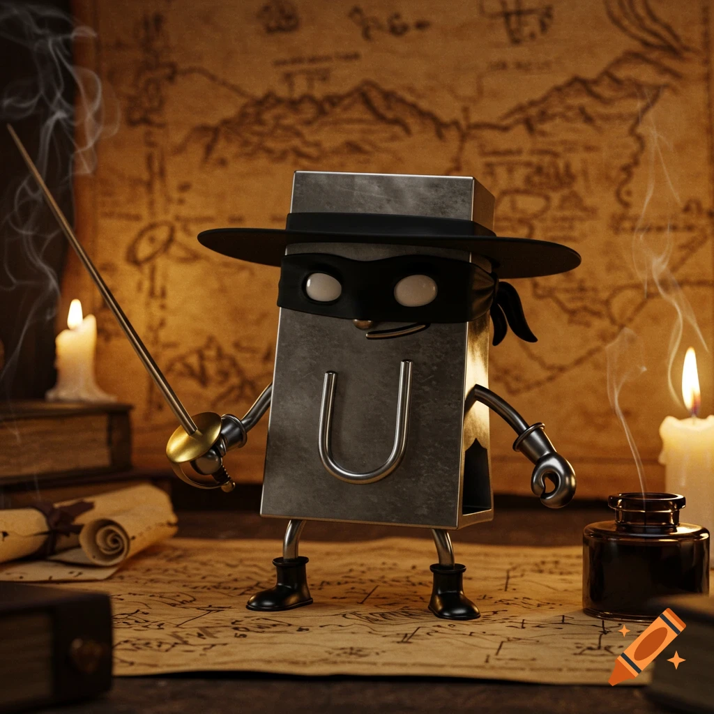 A metallic paperclip character in a Zorro mask and hat holds a rapier, standing on an old map with lit candles and books.