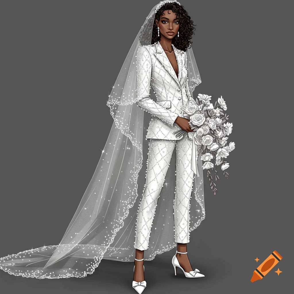 Detailed fashion illustration of a woman with curly hair wearing a white beaded bridal suit, long veil, and white shoes, holding a white flower bouquet.