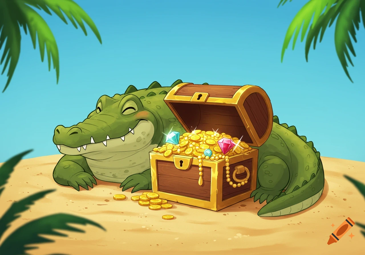 A happy cartoon crocodile guards an open treasure chest full of gold and jewels on a sunny beach with palm trees.