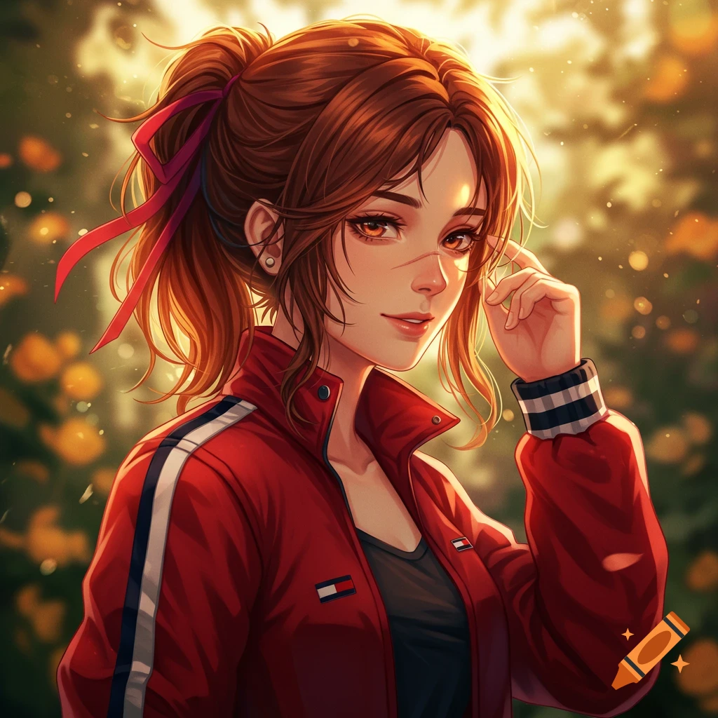 Close-up anime portrait of a young woman with brown hair in ponytails, red ribbon, and a red jacket, smiling in warm sunlight.