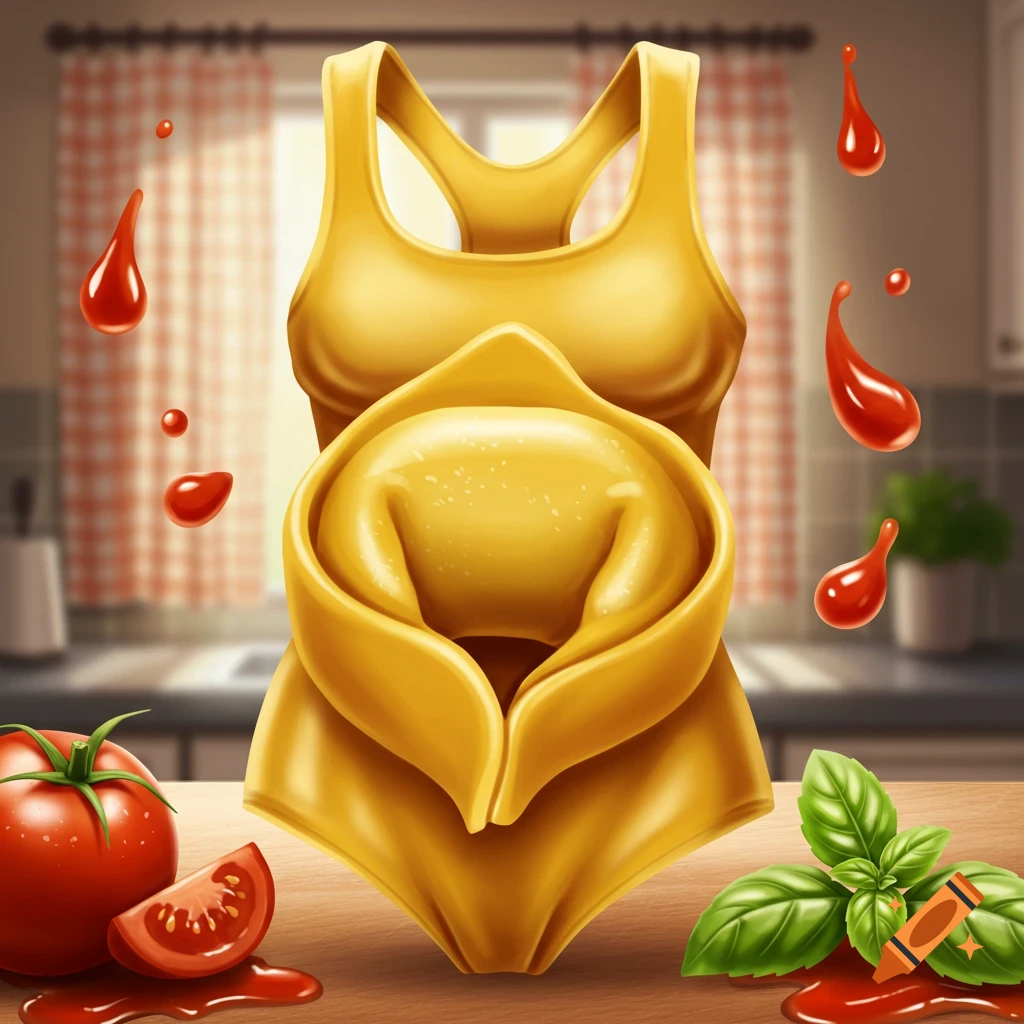 Vibrant illustration of a pasta 'tankini' (tank top and tortellini) on a kitchen counter with tomatoes, basil, and sauce.