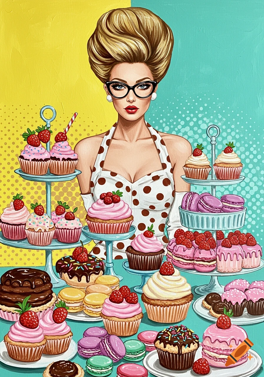 Pop art acrylic painting of a retro woman in a polka dot apron and cat eyeglasses, surrounded by vibrant desserts.