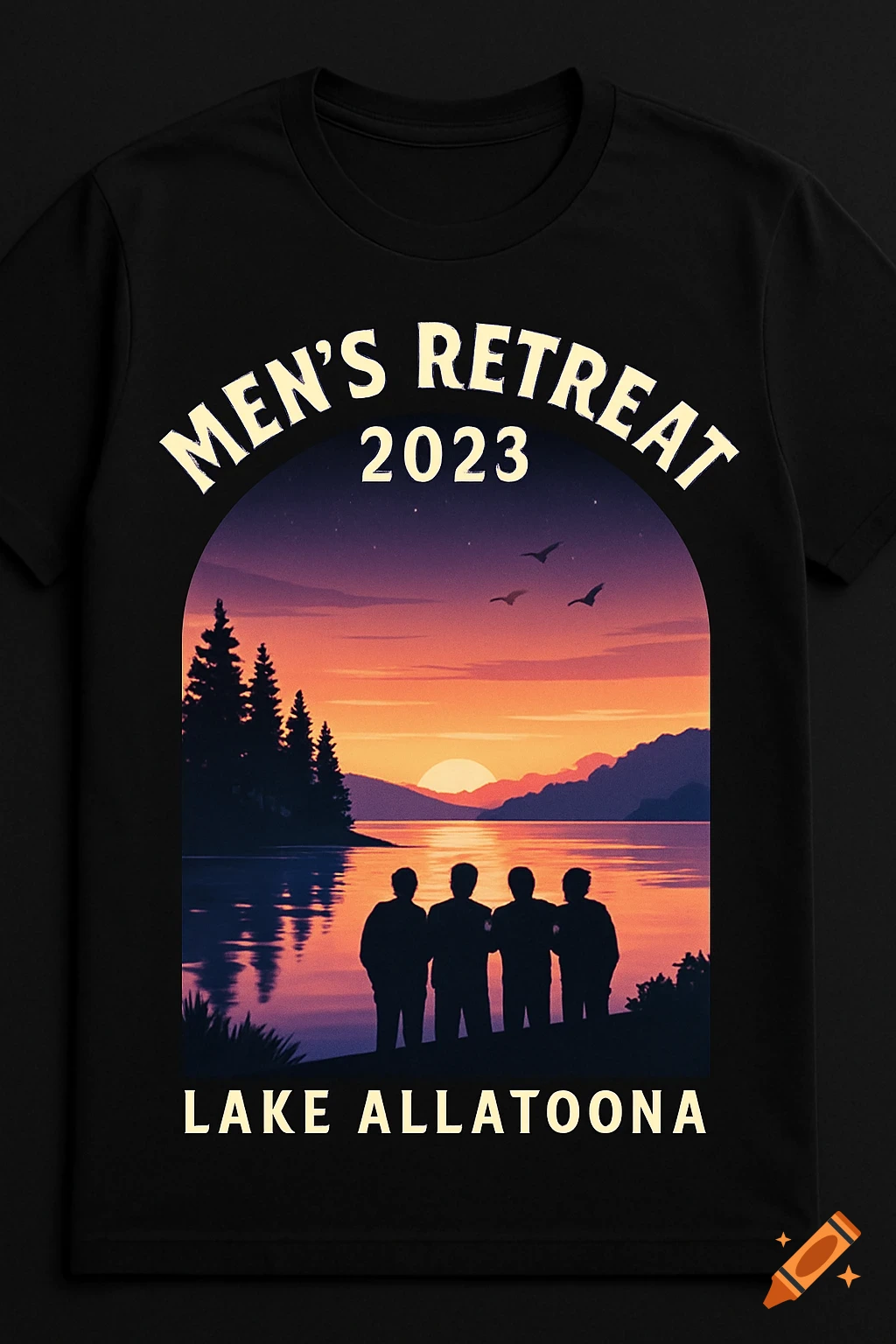 Black t-shirt with a graphic of a lake sunset, silhouetted trees and four men, text reads 'MEN'S RETREAT 2023 LAKE ALLATOONA'.