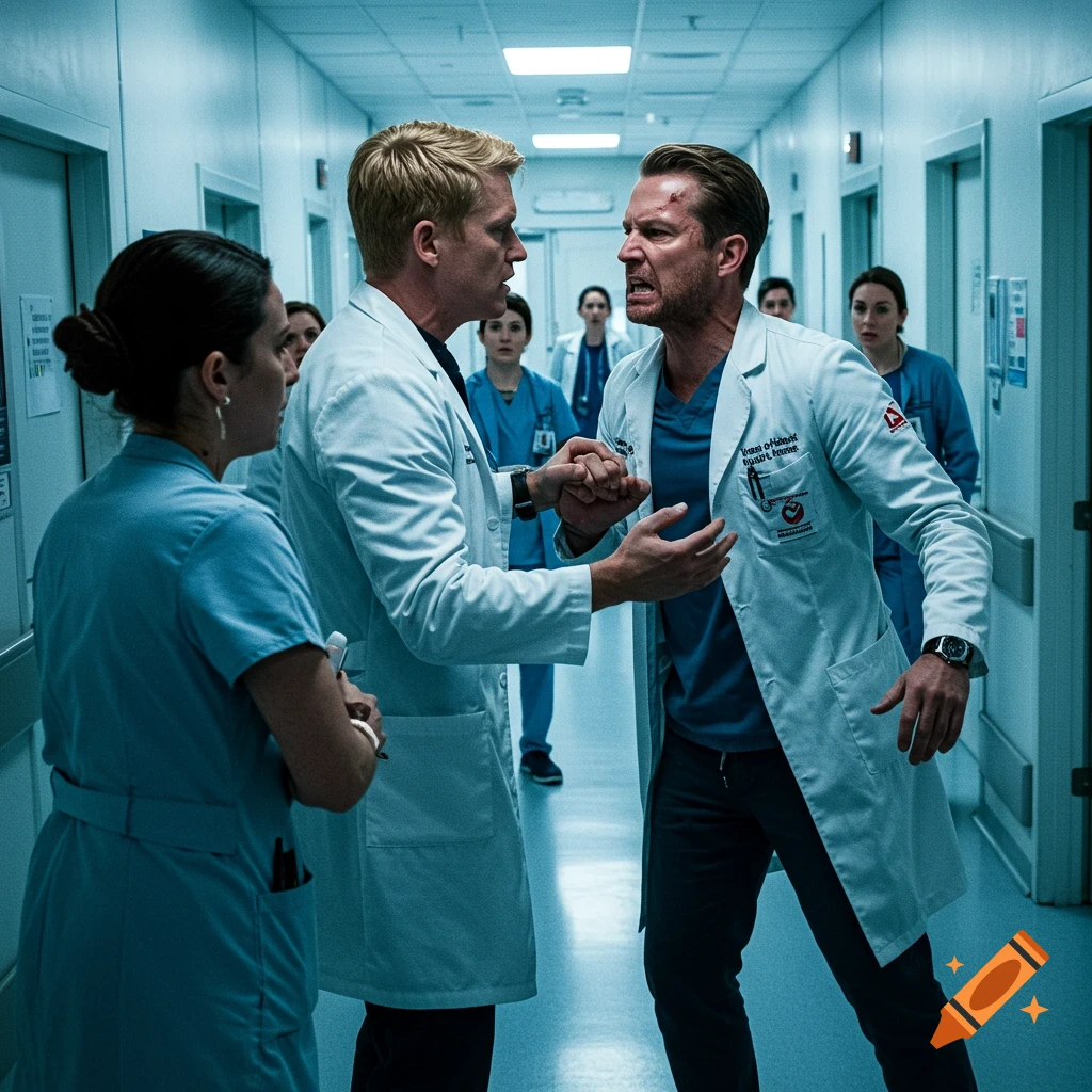 Two male doctors in white lab coats argue in a hospital hallway while other medical staff watch in the background. One doctor is restraining the other.