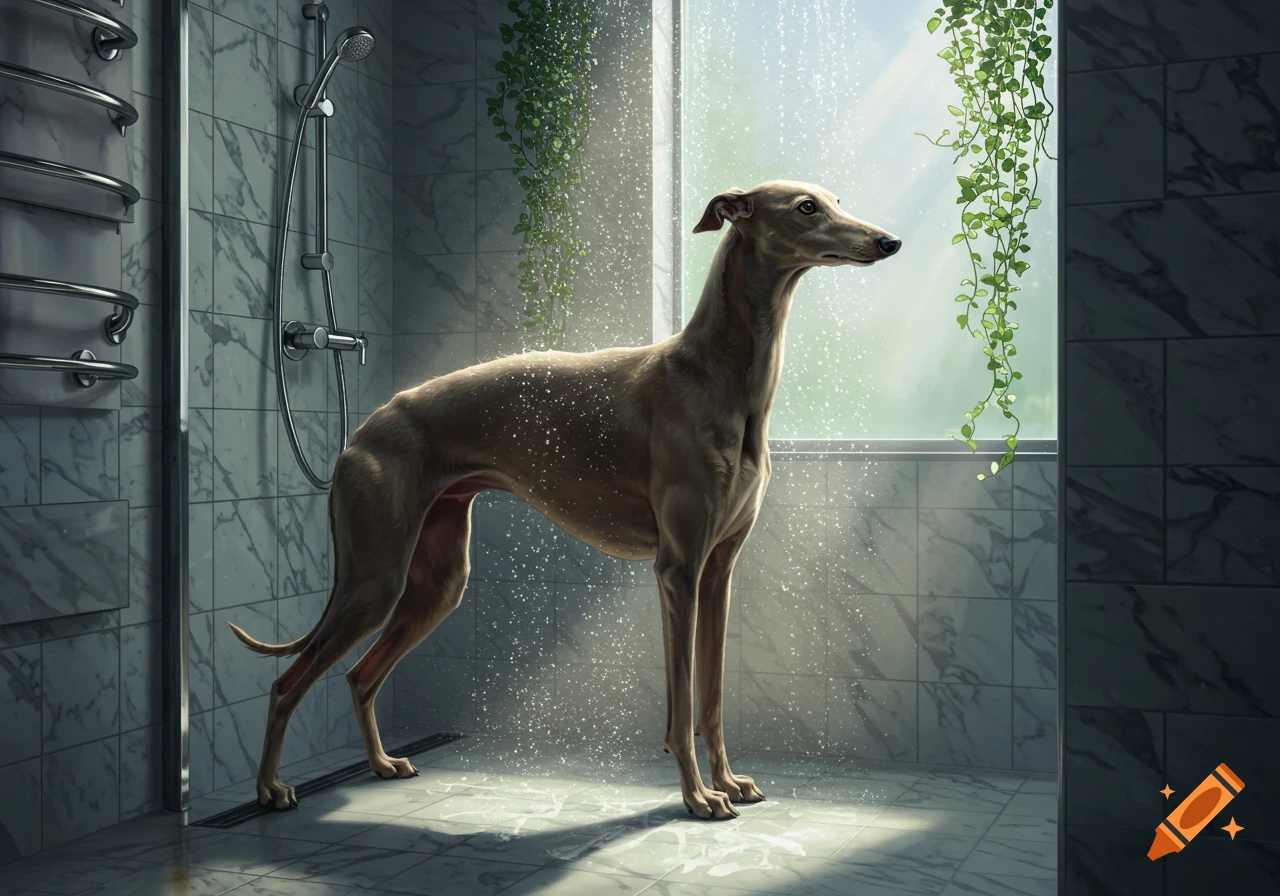 A photorealistic greyhound stands in a shower with water spraying from above, bright light from a window, and green plants.