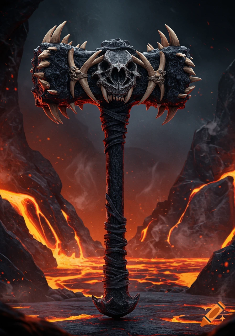 Ornate dark fantasy sledgehammer with a skull and teeth hammerhead in a volcanic landscape with flowing lava.