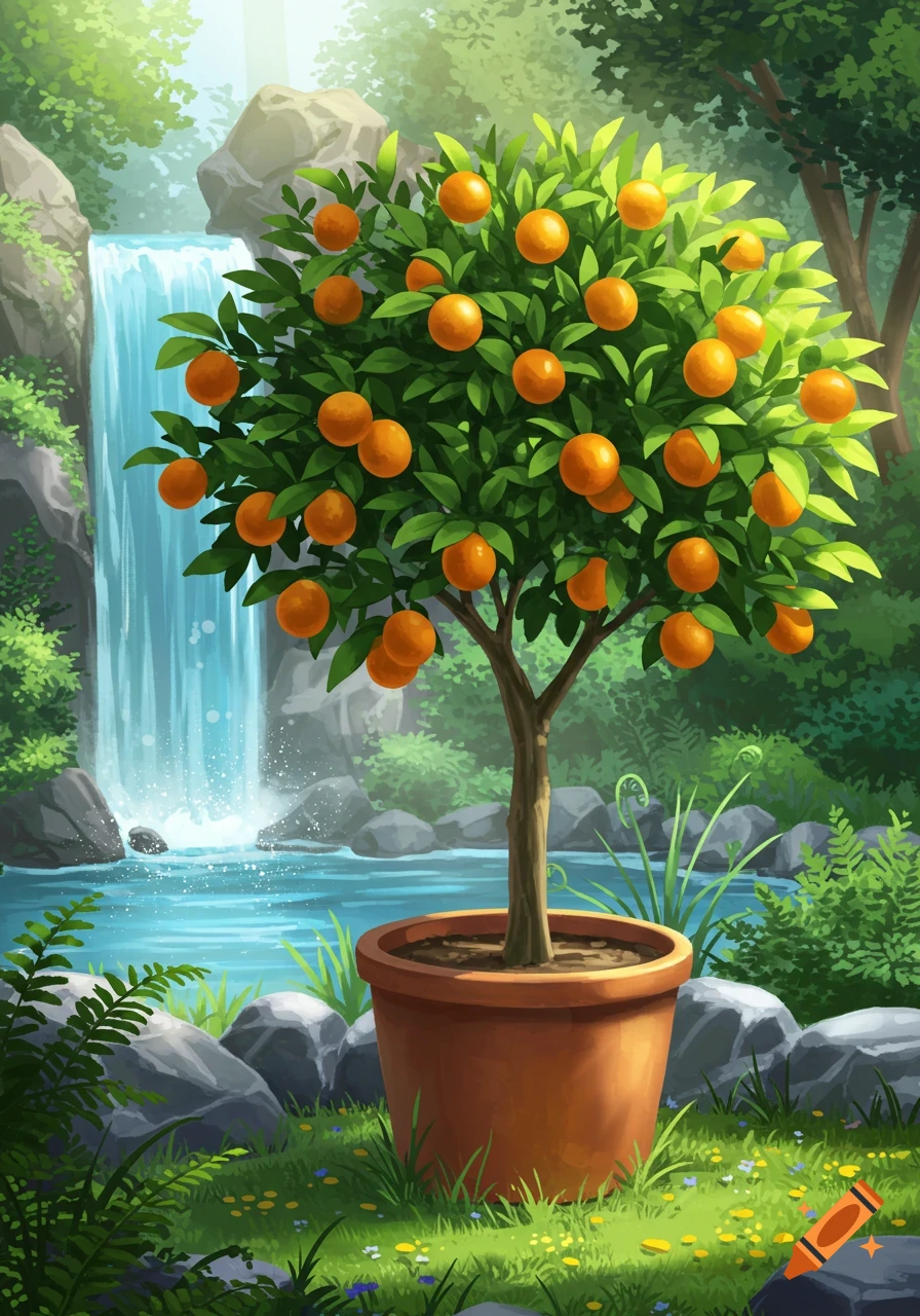 Illustrated potted orange tree beside a cascading waterfall in a vibrant, lush forest setting.