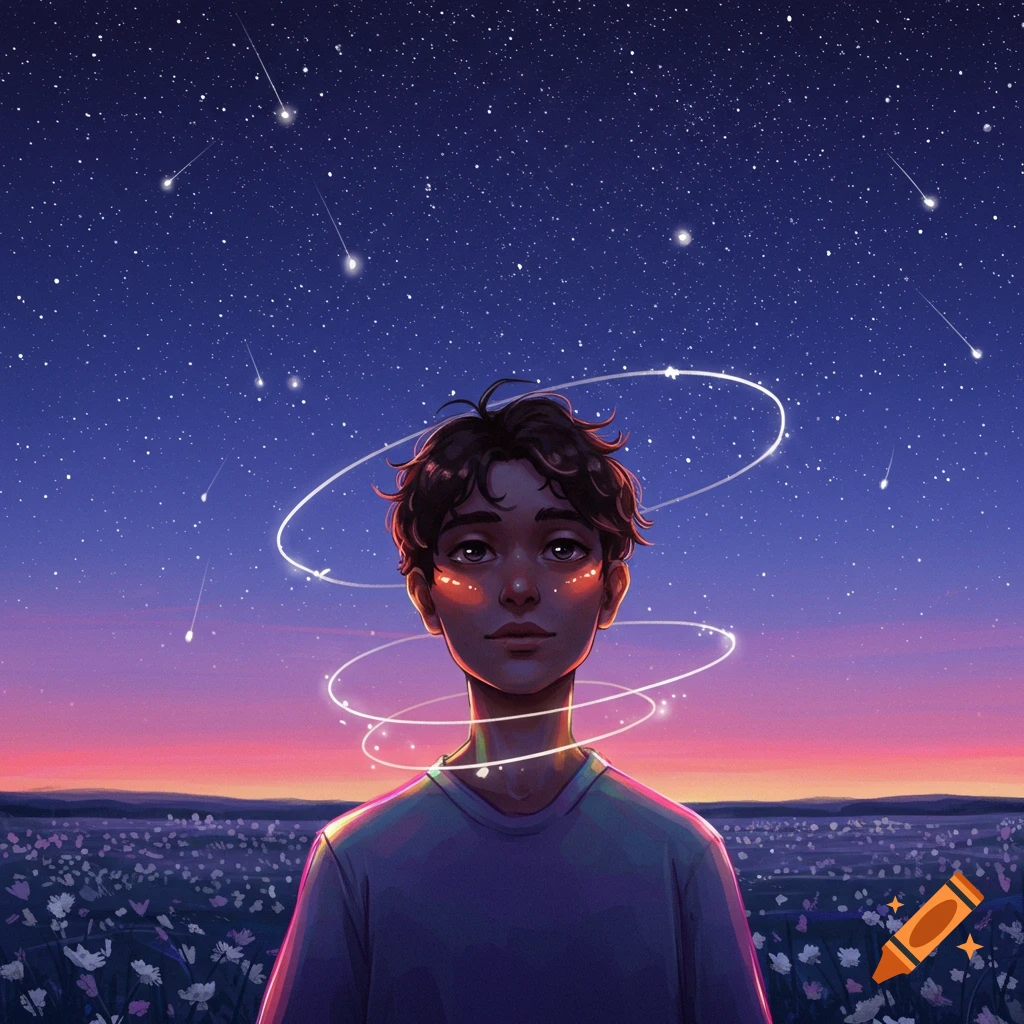 Stylized portrait of a young person in a field of flowers under a starry night sky, with glowing light trails around their head.