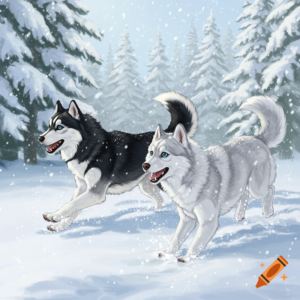 Two happy huskies, one black and white, one grey and white, run through a snowy forest with falling snow.