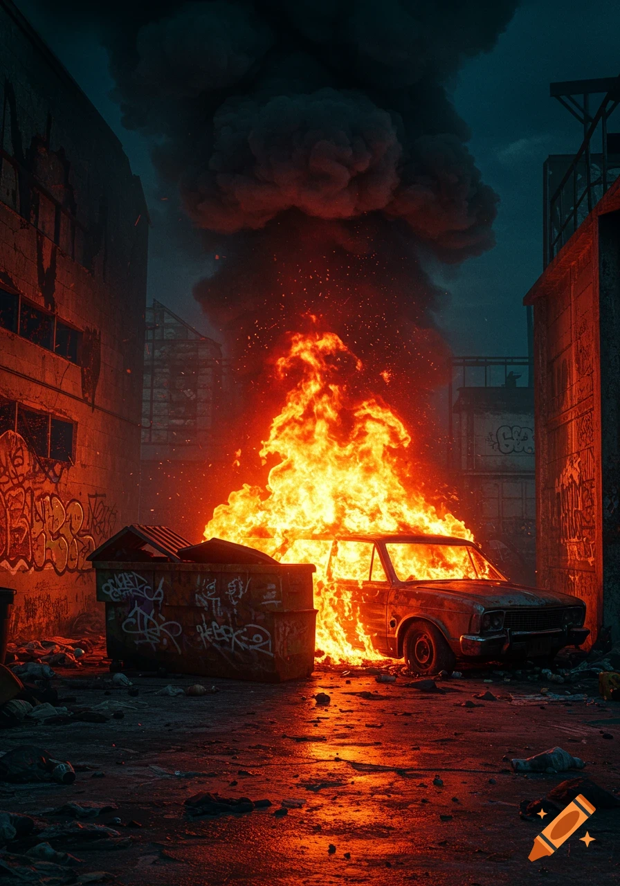 A car is engulfed in bright flames next to a graffiti-covered dumpster in a dark, urban alley with smoke filling the night sky. Photorealistic.