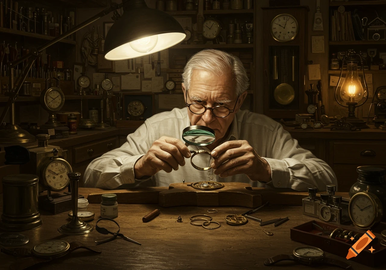 Photorealistic image of an old man with glasses using a magnifying glass to repair a watch in a cluttered workshop filled with clocks and tools under a bright lamp.