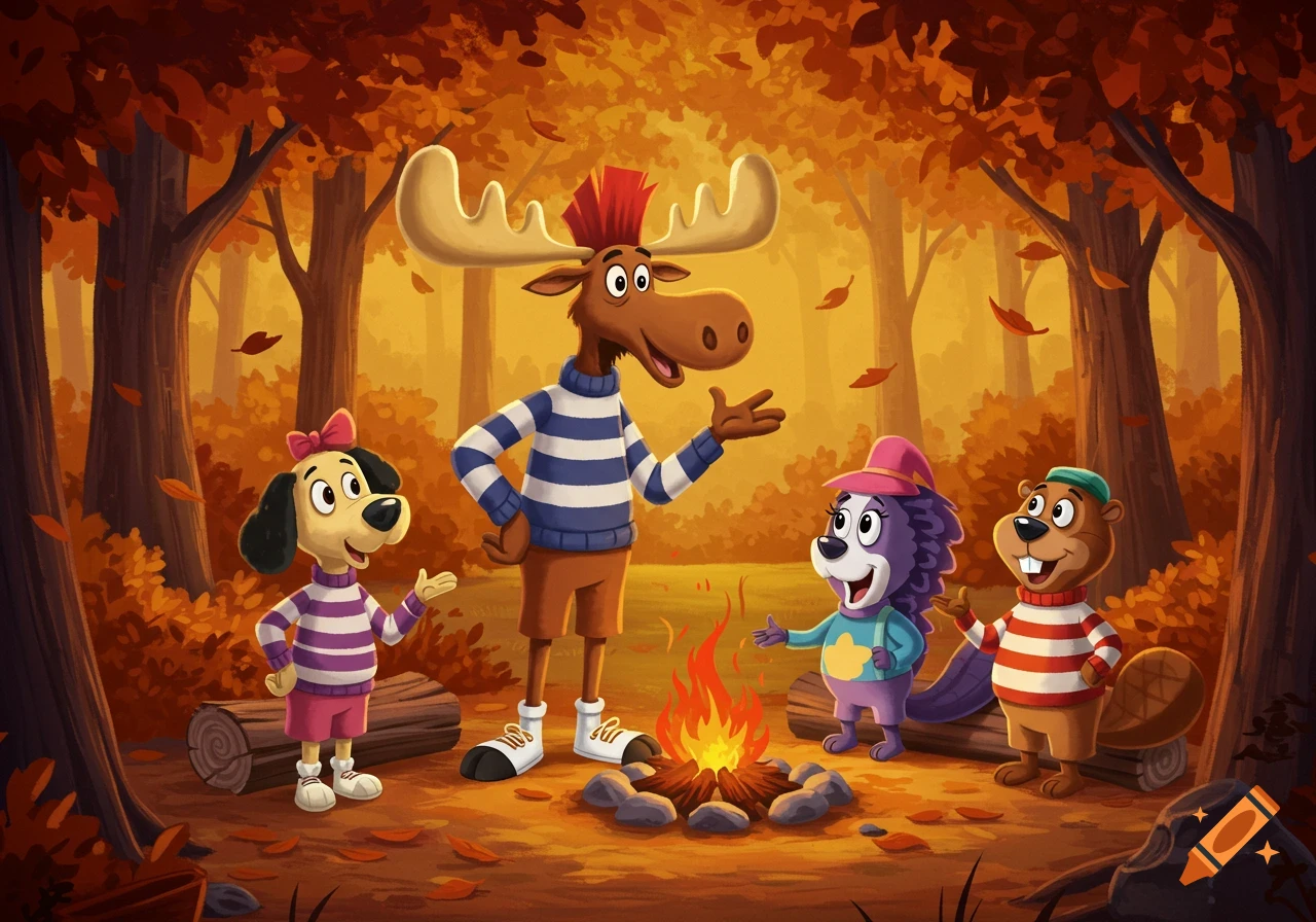 A cartoon moose, dog, purple creature, and beaver are gathered around a campfire in a vibrant autumn forest.