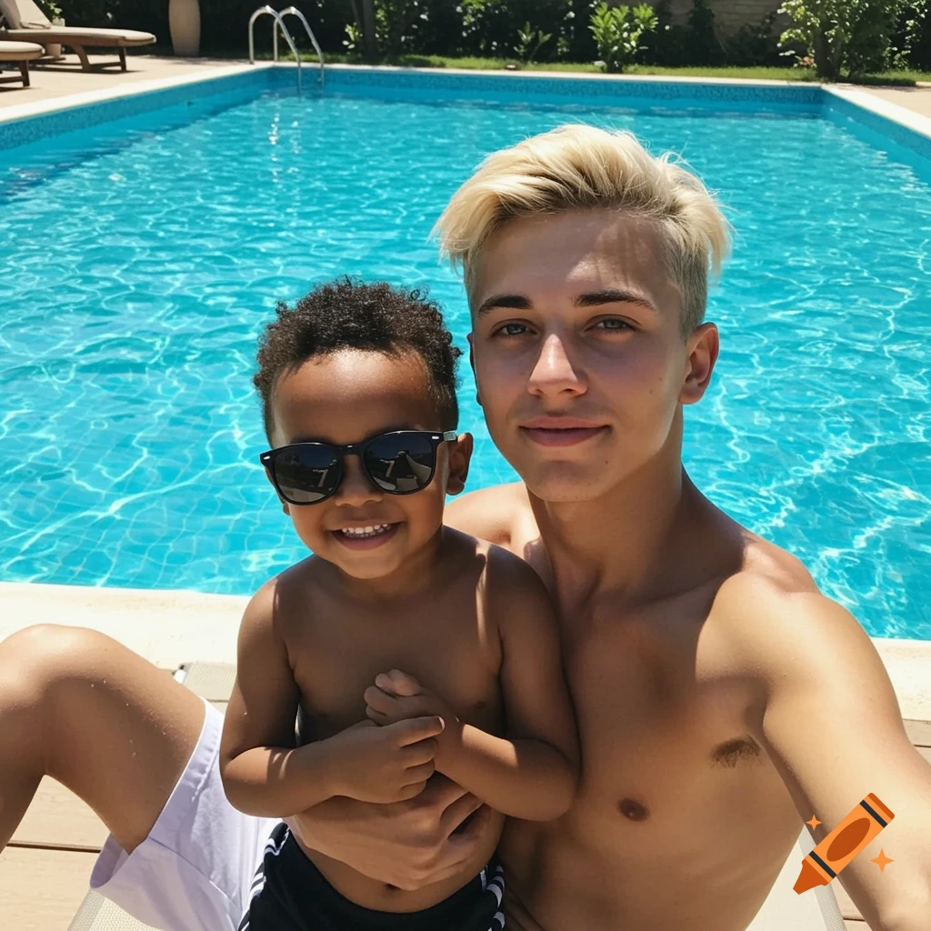 Young blonde man holding a smiling boy in sunglasses by a blue swimming pool on a sunny day.