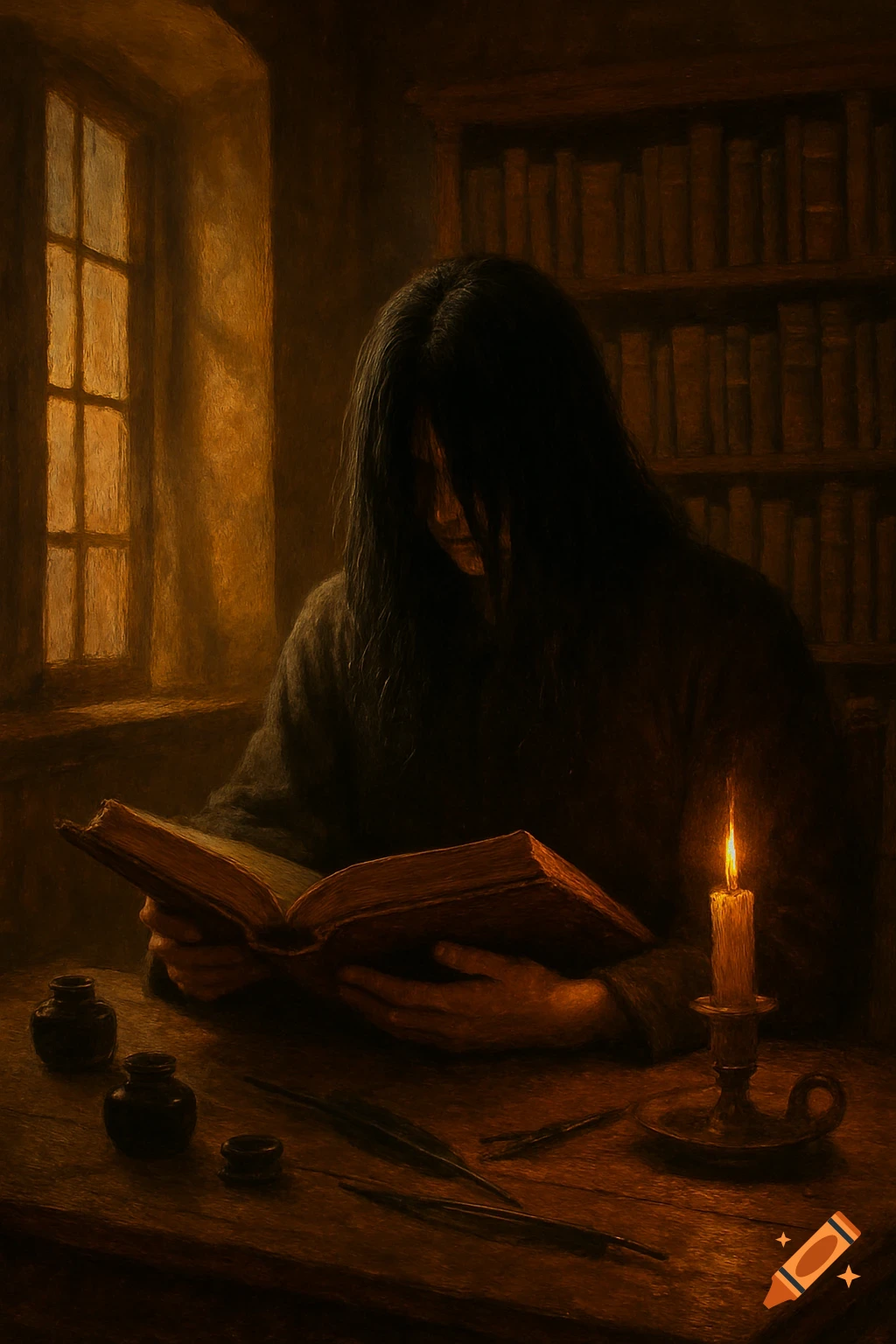A person with long black hair covering their face reads an old book by candlelight in a dark, atmospheric room with a bookshelf and window.