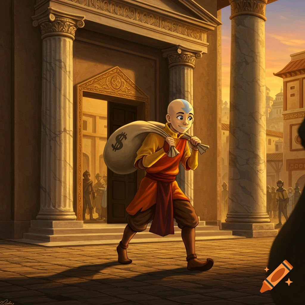 Cartoon of Aang from Avatar the Last Airbender, tiptoeing out of a bank with a dollar-sign money bag and a mischievous smile.