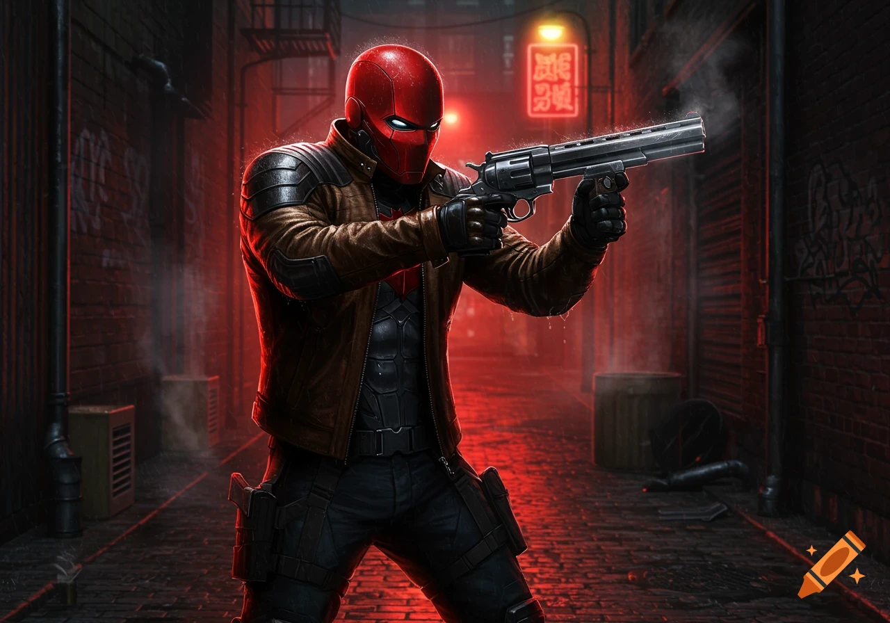 Red Hood, a masked superhero, aims a large revolver in a dark, red-lit urban alley.