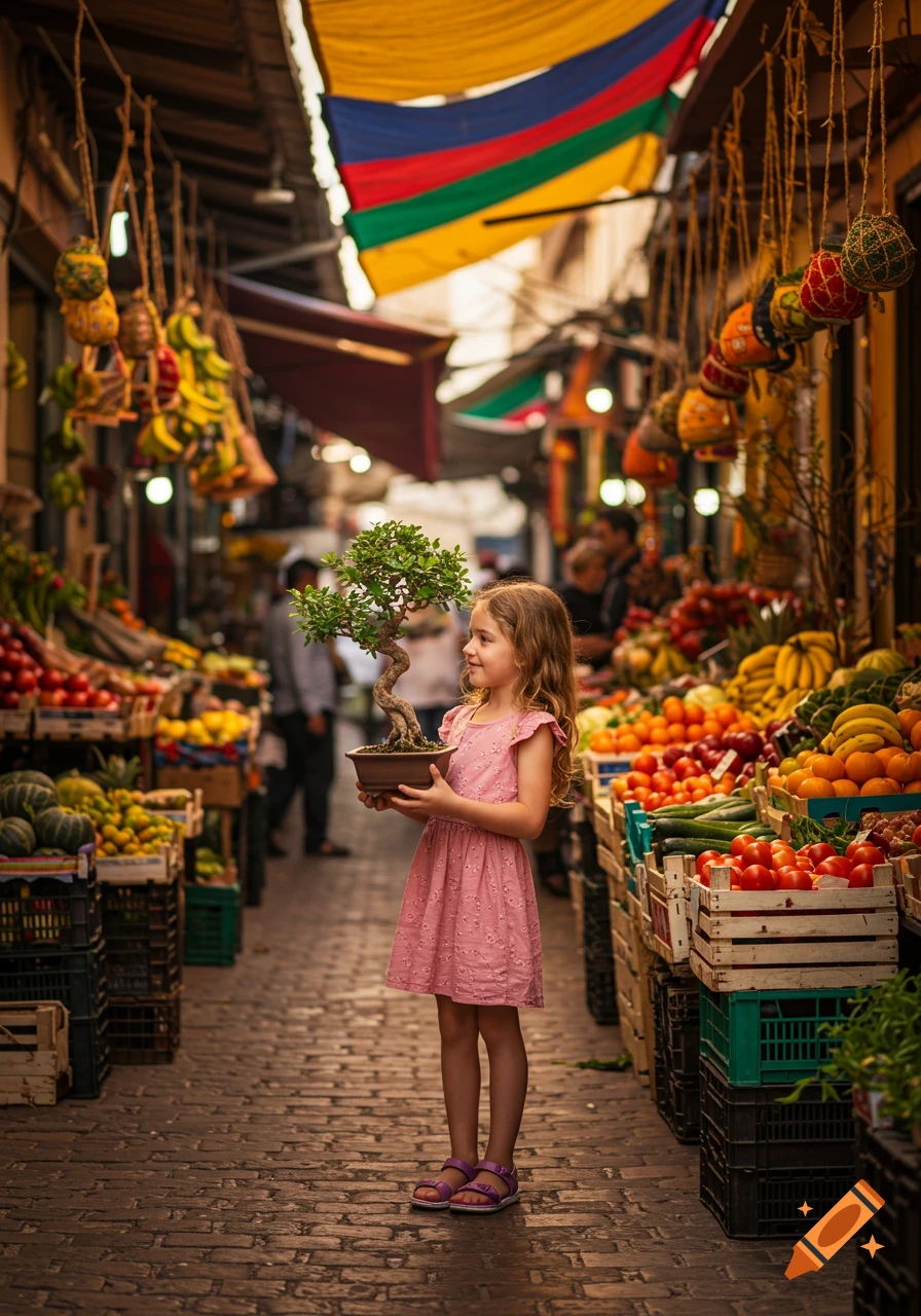 A young girl in a pink dress holds a small bonsai tree, standing in a vibrant, sunlit outdoor market filled with colorful fruit and vegetable stalls.