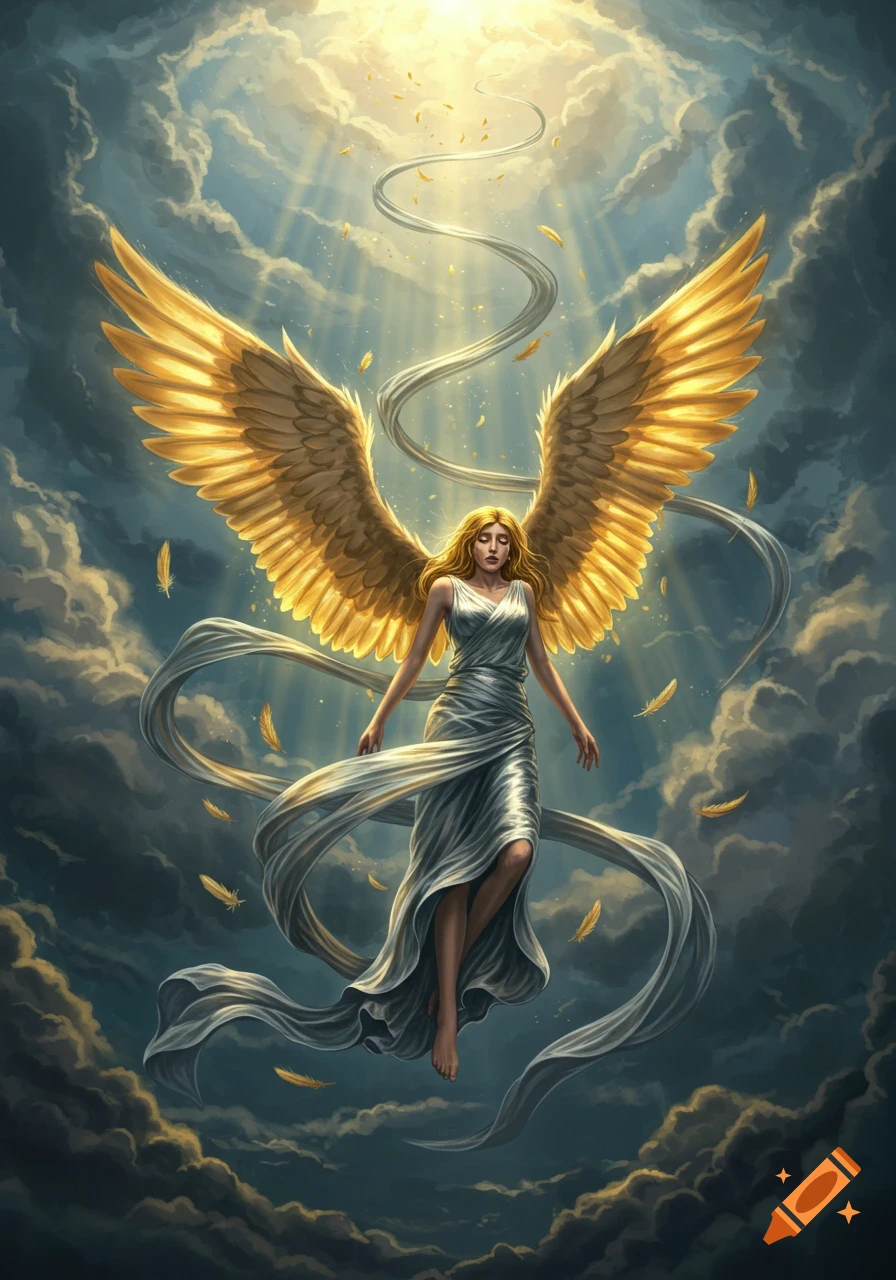 A female angel with large golden wings floats downward through dramatic clouds with light rays, her white dress flowing.