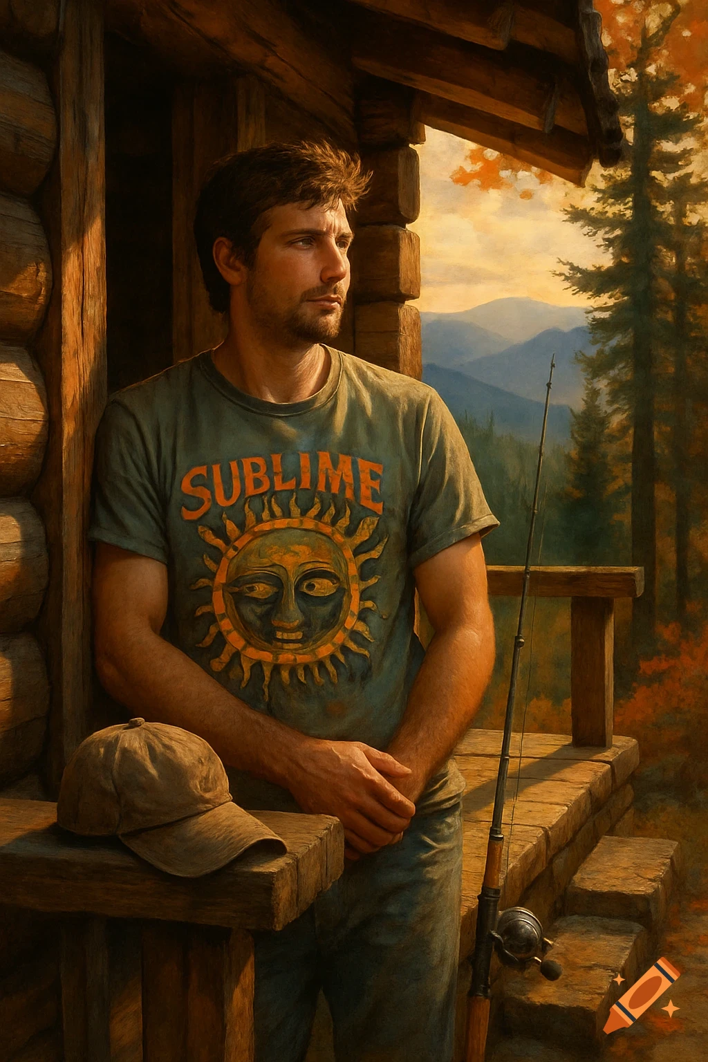 A man in a Sublime t-shirt stands on a log cabin porch with a fishing rod, overlooking a scenic mountain landscape with autumn trees, in a painted style.