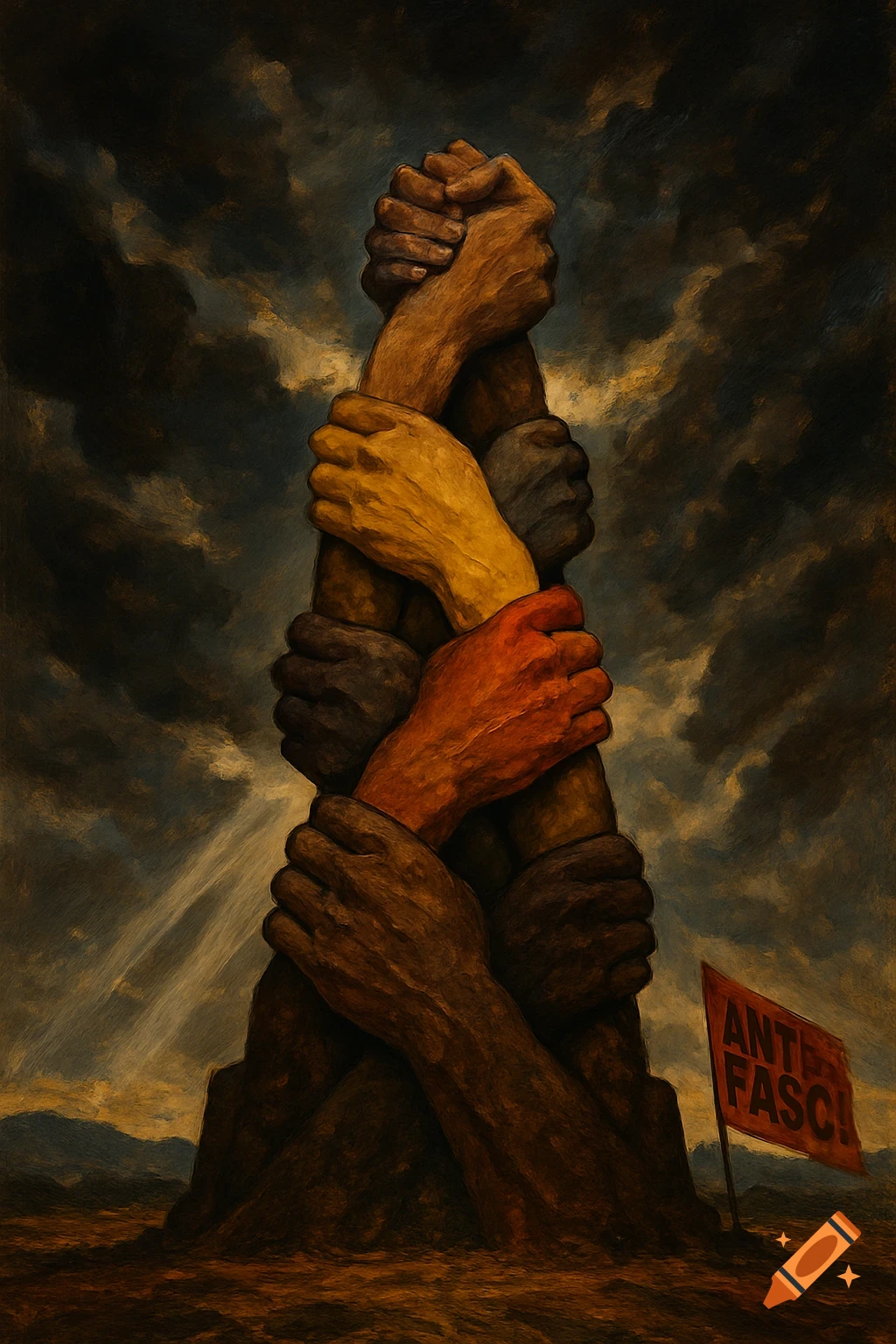 A dark, painterly image of multiple hands of diverse skin tones clasped together, forming a tower. A red flag with "ANTI FASC!" text stands nearby under a stormy sky.