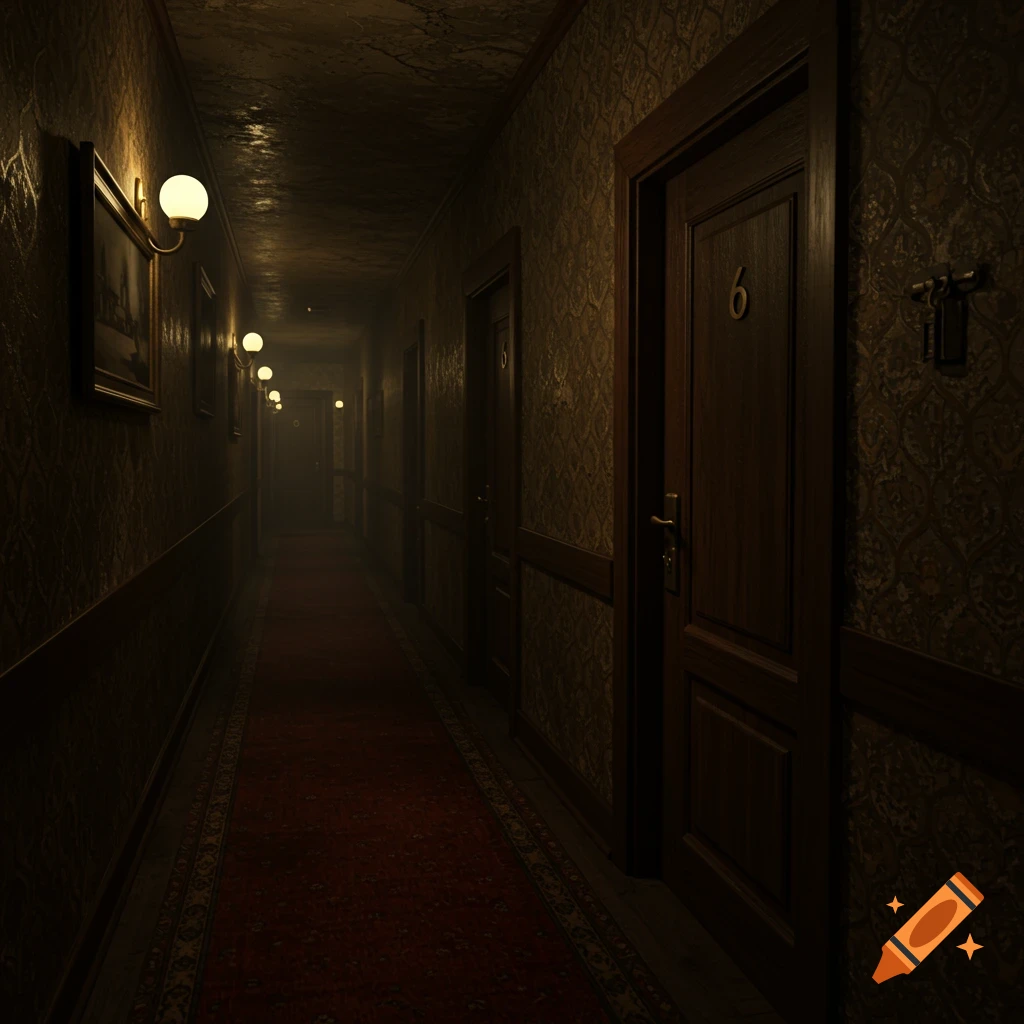 A dark, eerie old hotel hallway with a red carpet, dim yellow lights, and patterned wallpaper. Door number 6 is visible.