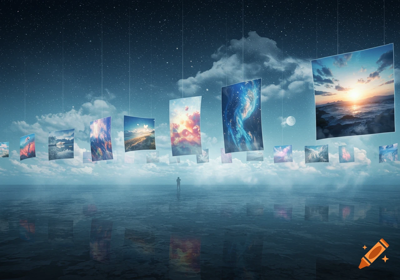 A lone person stands on a reflective ocean under a starry sky, surrounded by floating surreal landscape and space images.