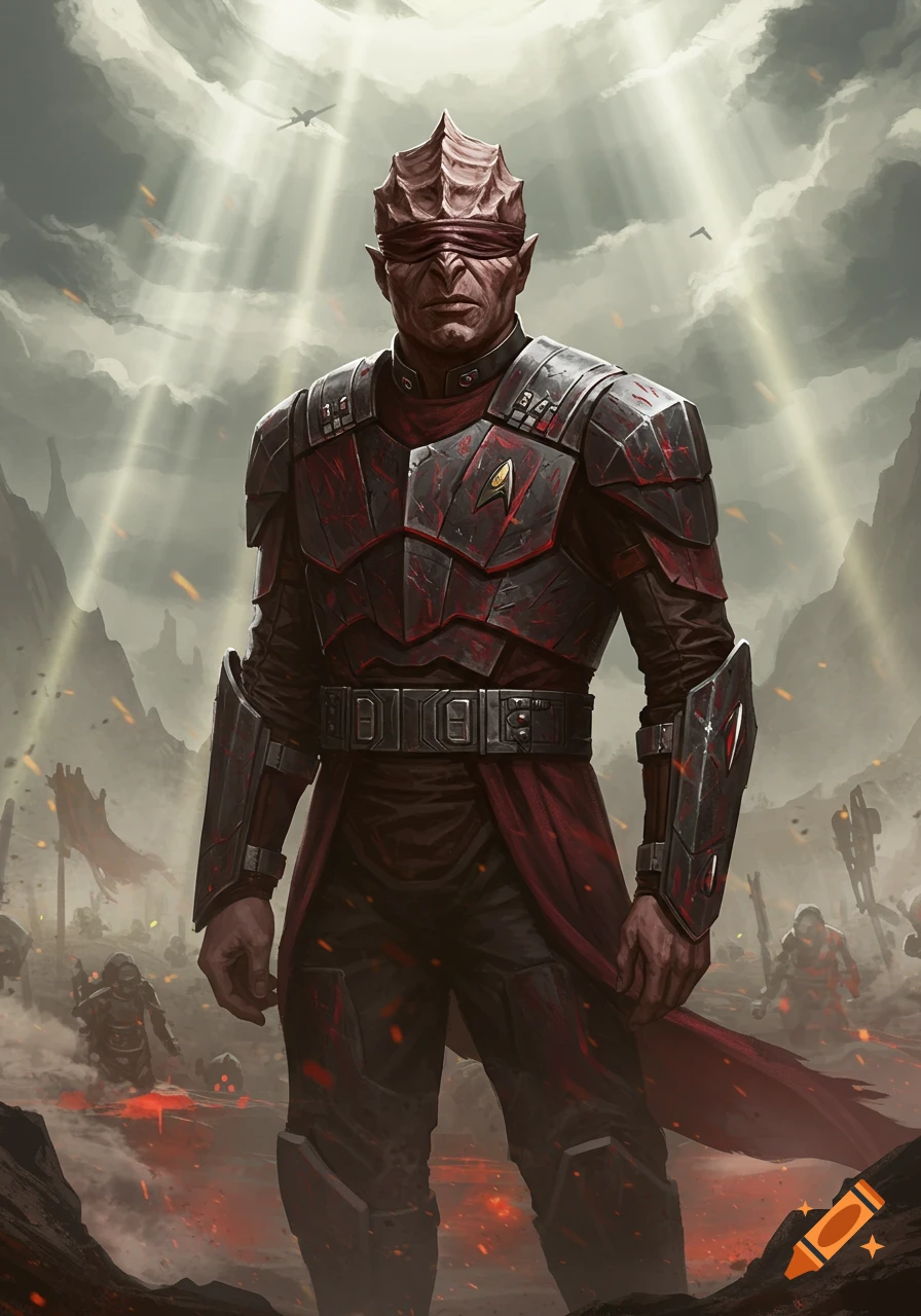 A blind, horned alien warrior in red and black armor stands on a desolate battlefield with sun rays, digital painting.