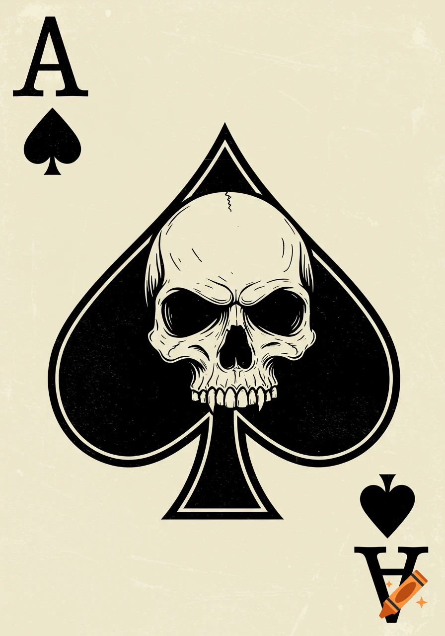 Vintage ace of spades playing card with a menacing white skull superimposed on the black spade symbol.