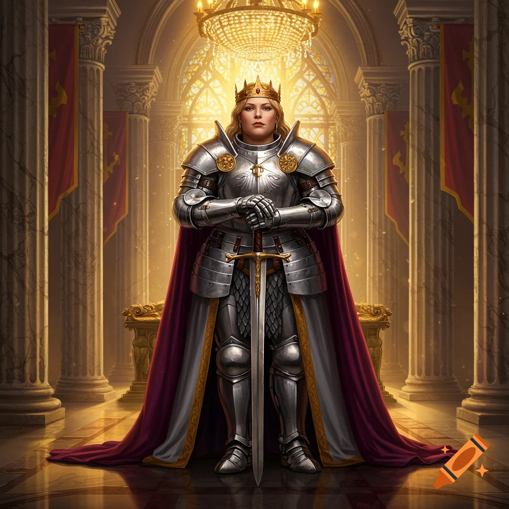 A majestic warrior queen in shining full plate armor and a crown stands holding a sword in a grand hall with pillars and a chandelier.