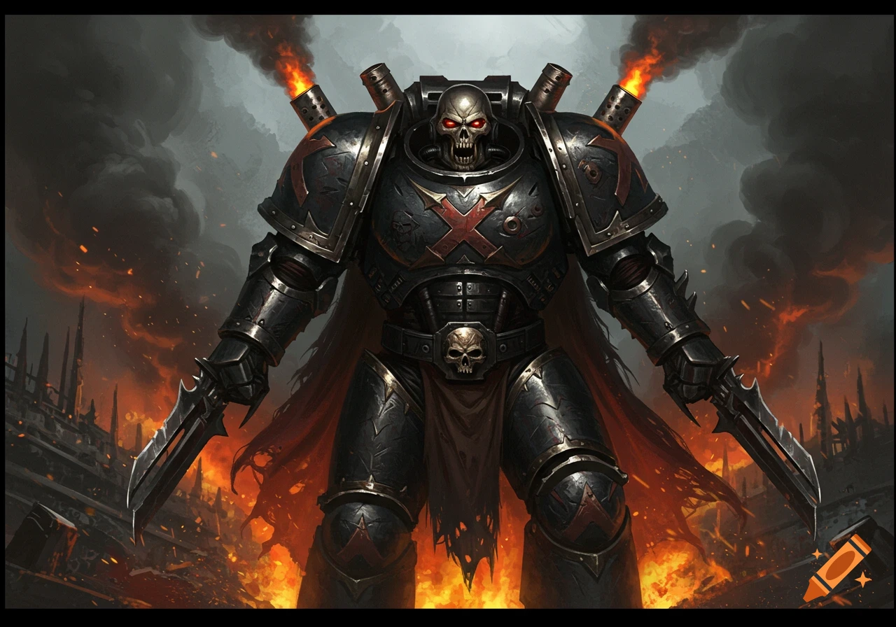 A grim skull-headed anti-hero in black power armor with glowing red eyes, X emblems, and forearm blades stands in a fiery war zone.
